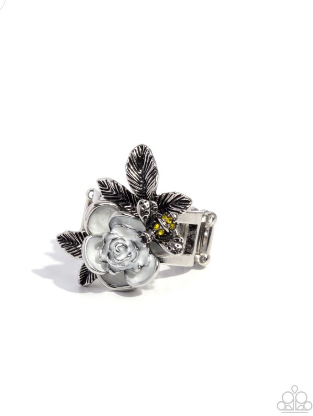 Gentle Greenhouse Paparazzi White Silver Floral Ring with Yellow Accents
